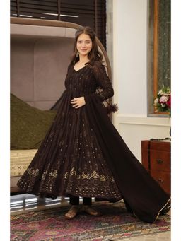 Gahan - Womens Brown Embroidered Anarkali Kurta with Pant & Dupatta