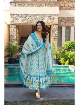 Gahan - Womens Blue Floral Printed Flared Anarali Kurta with Pant & Dupatta