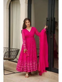 Gahan - Womens Pink Embroidered Anarkali Kurta with Pant & Dupatta