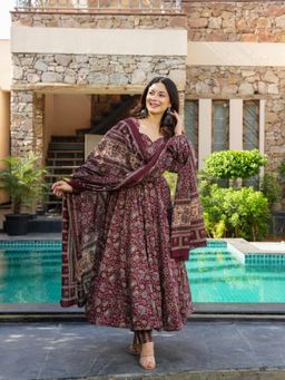 Gahan - Womens Maroon Floral Printed Anarkali Kurta with Pant & Dupatta