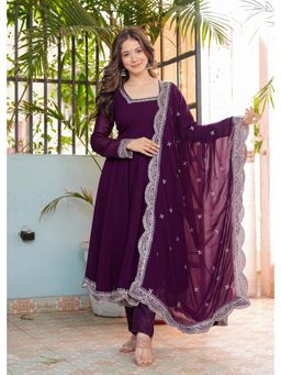 Gahan - Womens Purple Embroidered Anarkali Kurta with Pant & Dupatta