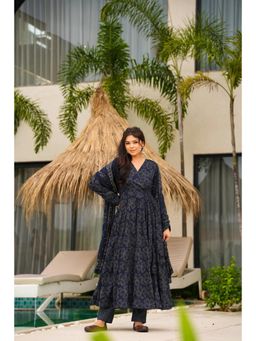 Gahan - Womens Navy Blue Floral Printed Anarkali Kurta with Pant & Dupatta