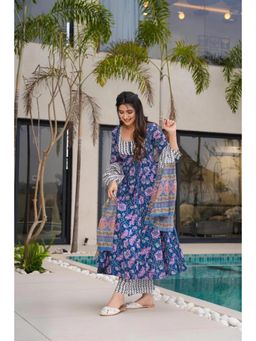 Gahan - Womens Blue Floral Printed Flared Anarkali Kurta with Palazzo & Dupatta