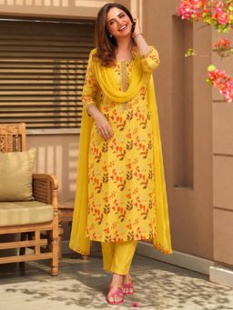 Gahan - Womens Yellow Viscose Rayon Printed Straight Kurta with Pant & Dupatta