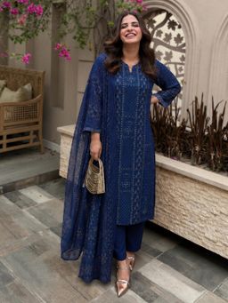 Gahan - Womens Navy Blue Viscose Rayon Straight Kurta with Pant & Dupatta