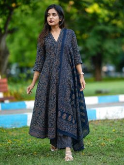 Gahan - Womens Blue A Line Anarkali Kurta with Pant & Dupatta