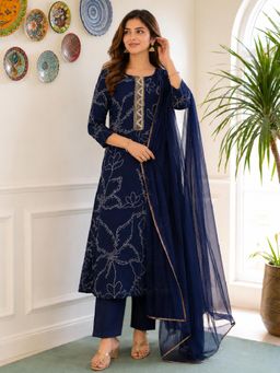 Gahan - Womens Navy Blue Printed Straight Anarkali Kurta with Pant & Dupatta