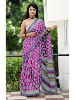 Nyri - Purple Printed Pure Cotton Bagru Saree