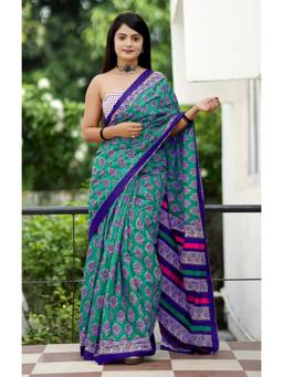 Nyri - Teal Printed Pure Cotton Bagru Saree