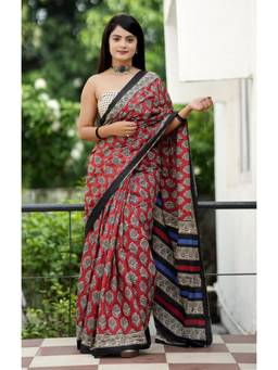 Nyri - Red Printed Pure Cotton Bagru Saree