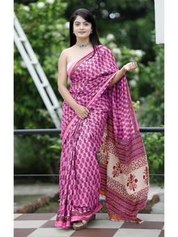 Nyri - Pink Printed Pure Cotton Bagru Saree