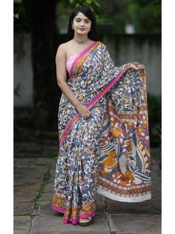 Nyri - Grey Printed Pure Cotton Bagru Saree