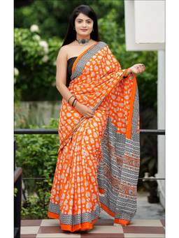 Nyri - Orange Printed Pure Cotton Bagru Saree