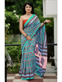 Nyri - Turquoise Printed Pure Cotton Bagru Saree