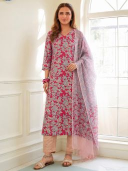 Gahan - Womens Pink Viscose Rayon Floral Straight Kurta with Pant & Dupatta