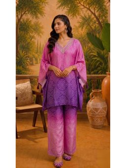 Gahan - Womens Pink Bandhani Print Chinon Kaftan Style Kurta with Pant