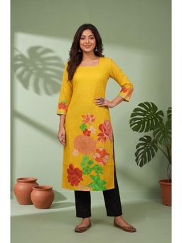 Gahan - Womens Yellow Floral Printed Square Neck Straight Kurta
