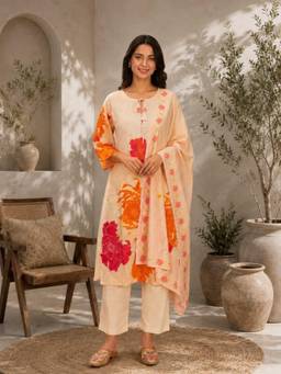 Gahan - Womens Cream Printed Straight Kurta with Pant & Dupatta