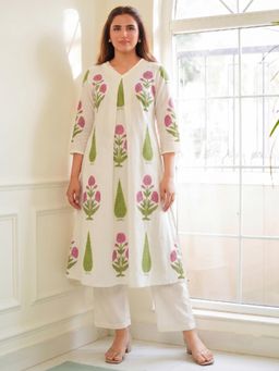 Gahan - Womens White Viscose Rayon Printed Straight Kurta with Palazzo