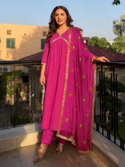Gahan - Womens Pink Viscose Rayon Printed Anarkali Kurta with Pant & Dupatta