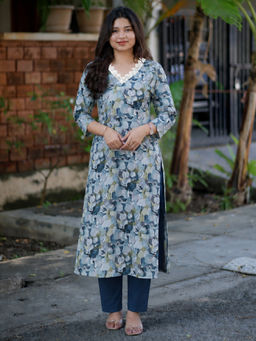Gahan - Womens Teal Viscose Rayon Printed Straight Kurta with Pant