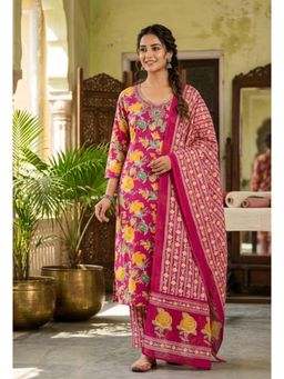 Gahan - Pink Floral Print Pure Cotton Straight Kurta with Pant & Dupatta