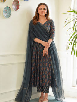 Gahan - Womens Green Rayon Printed A Line Anarali Kurta with Pant & Dupatta