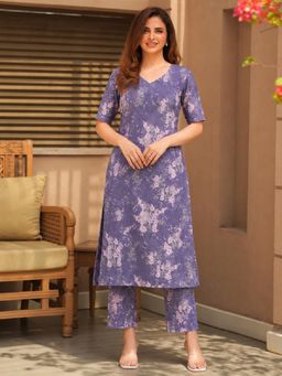 Gahan - Womens Purple Viscose Rayon Printed Straight Kurta with Pant