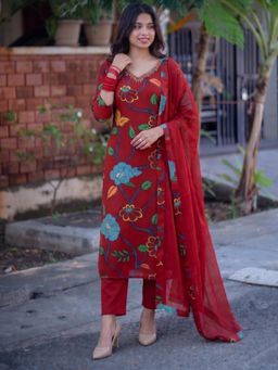 Gahan - Womens Maroon Viscose Rayon Printed Straight Kurta with Pant & Dupatta