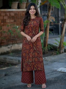 Gahan - Womens Maroon Block Print Straight Kurta with Palazzo