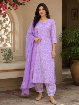Gahan - Womens Purple Rayon Printed Kurta with Salwar & Dupatta