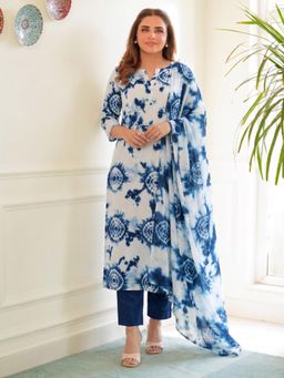 Gahan - Womens White Tie Dye Print Straight Kurta with Pant & Dupatta