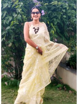 APAAPI THREADS OF GLORY - Yellow Embroidered Chikankari Organza Saree with Unstitched Blouse