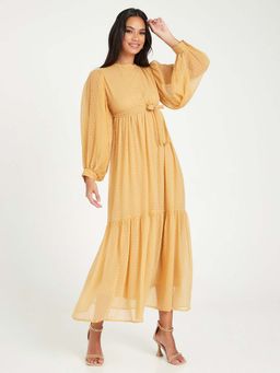 Styli - Mustard Long Sleeves Dobby Spot Print Tiered Maxi Dress