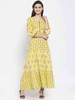 Indibelle - Cotton Yellow Floral Print A-line Dress