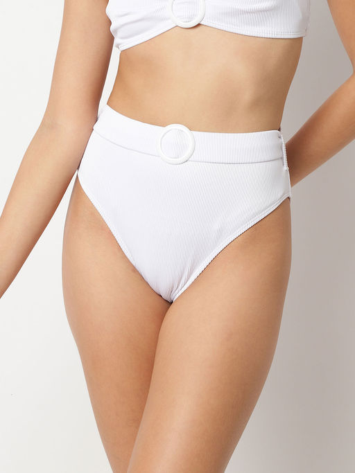Buy Missguided White Rib Belted High Waisted High Leg Bikini - Main Image