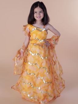 Titrit - One Side Shoulder Embelished Organza Lehenga with Choli and Dupatta (Set of 3)