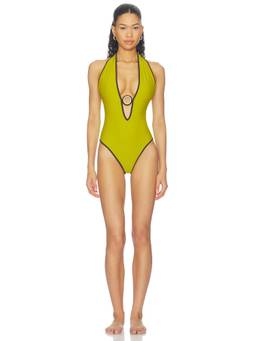 Baobab - Guapi Women's Ring Detail Halter Neck One Piece Swimsuit Green