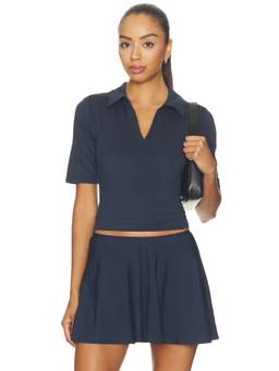 Beyond Yoga - Sport Active Women's Built-In Bra V-Neck Polo T-Shirt Navy Blue