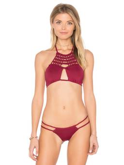 Frankies Bikinis - X Jennie Women's Reversible Halter Tie-Up Bikini Top Beige