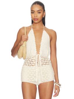 MORE TO COME - Tie Front Women's Crochet Halter Neck Swim Cover-Up Off White