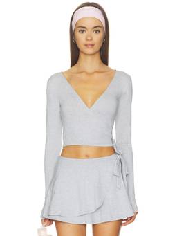 WellBeing + BeingWell - Loungewell Light Women's Wrap Surplice Crop T-Shirt Grey