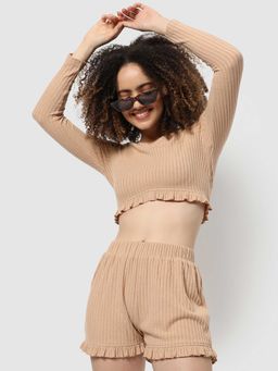 PINACOLADA - Womens Beige Cropped Co-ords (Set of 2)