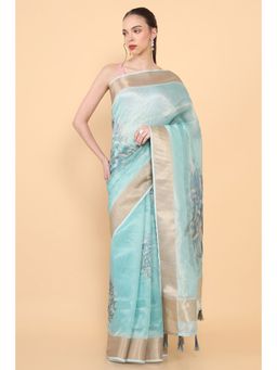 Soch - Women Blue Organza Embellished/Sequined Saree with Unstitched Blouse