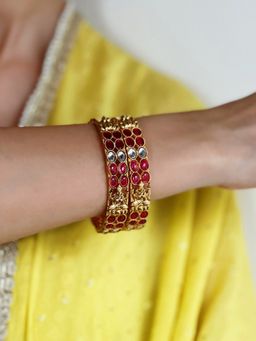 Azai by Nykaa Fashion - Gold Plated Bangles with Embellished Pink Stones (Set of 2)