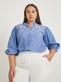 Styli - Blue Embroidered Relaxed Fit Shirt