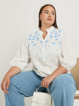 Styli - Off White Embroidered Relaxed Fit Shirt