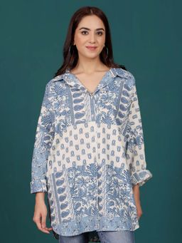 Varanga - Women Floral Ethnic Placement Printed Oversized Curved Hem Top