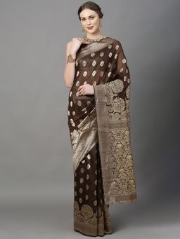 Akhilam - Womens Cotton Silk Dark Brown Woven Design Saree with Unstitched Blouse