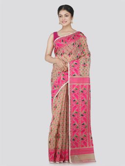 PinkLoom - Women's Soft Cotton Jamdani Saree Without Blouse Piece, Beige